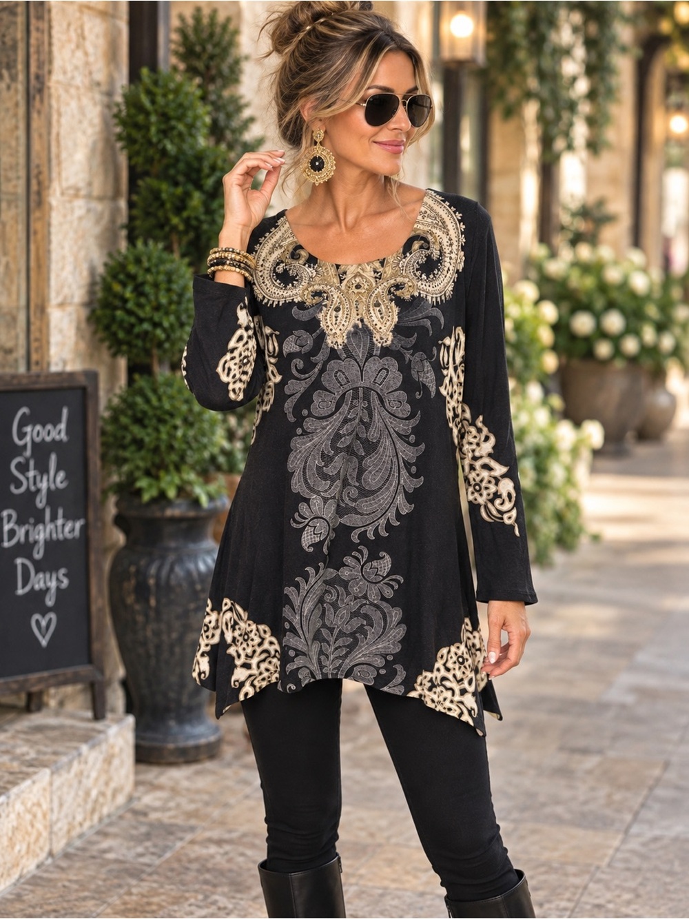 B.L.E.U. Black Paisley Rhinestone Embellished Boho Tunic Top Size L